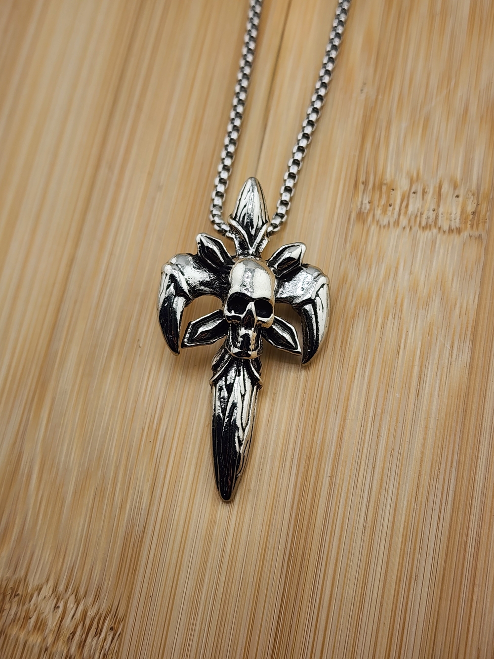 23in Silver Skull Fleur-de-Lis Pendant Necklace - Men's Jewelry 0614